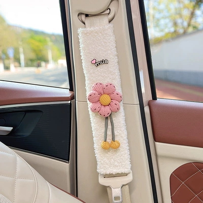 Seat belt shoulder pad – Extended Belt Covers - pink-waffle-sunflower-white-lambswool-shoulder-pad-30cm-single