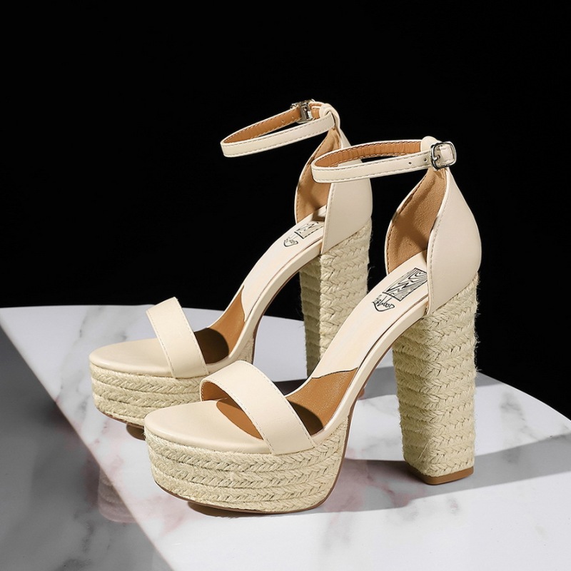 2880 European and American Retro Style Straw Hemp Rope Woven High-Heeled Sandals for Women Waterproof Platform Thick Heel One-Strap Open-Toe Sandals