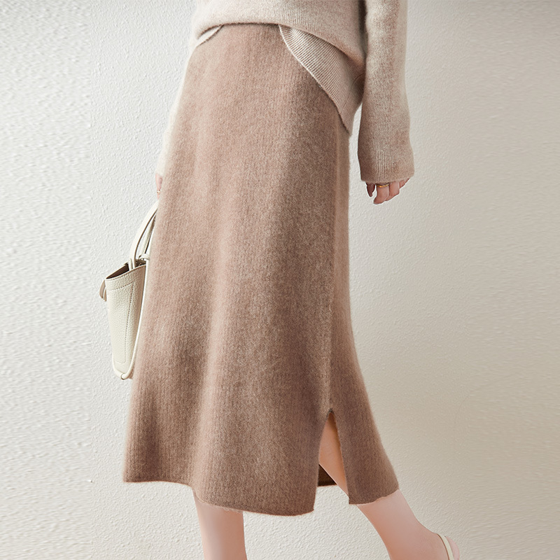Pure Wool Skirt for Women 24 Autumn and Winter Mid-Length Woolen Skirt with Slits on Both Sides, Hip-Hugging Skirt, One-Step Skirt, High-Waisted Long Skirt