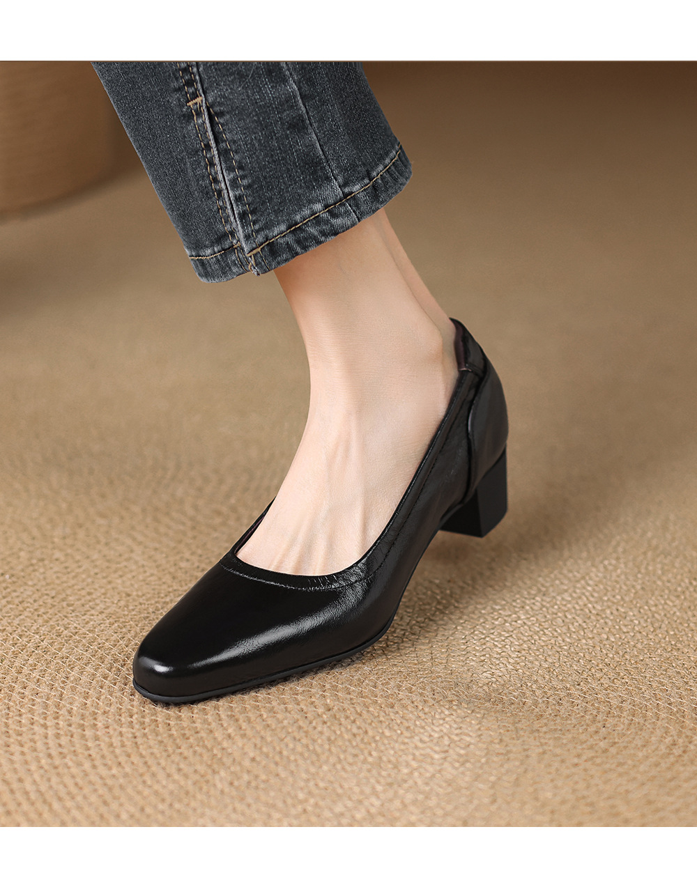 Giày da bò gót thấp 3,5 cm mũi tròn gót vuông miệng nông cho nữ — Màu đen chi tiết 7