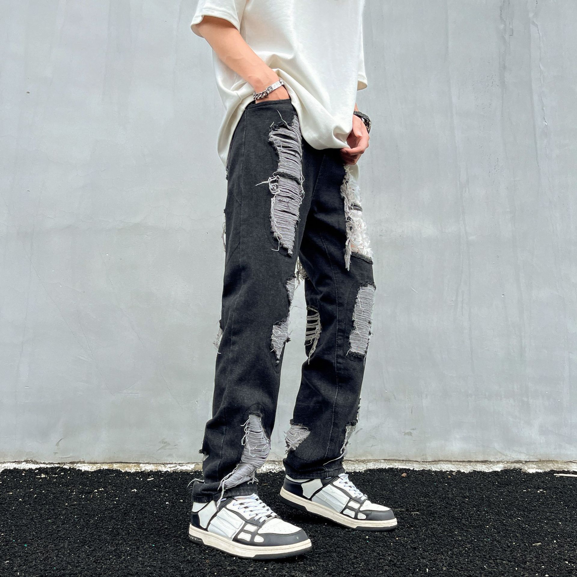 Tie-Dye Ripped Jeans For Men And Women American High Street Vintage Washed Slim Fit Flared Pants_mkmklike.com