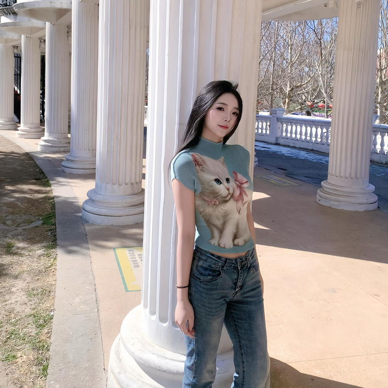 Korean-Style Cute Cat Print Pleated Short-Sleeved T-Shirt for Women Summer Elastic Mesh Half-High Collar Short Top Blouse