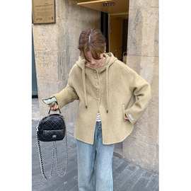 短款外套大衣女秋冬2025新款高级小个子宽松短款连帽毛呢羊毛外套