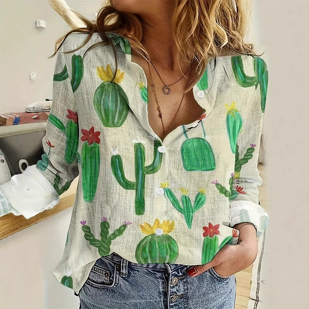 TEMU европейский и американский стиль трансграничный весна и осень леди 3d с цветочным принтом в горошек бабочка праздник длинный рукав отворот повседневная рубашка