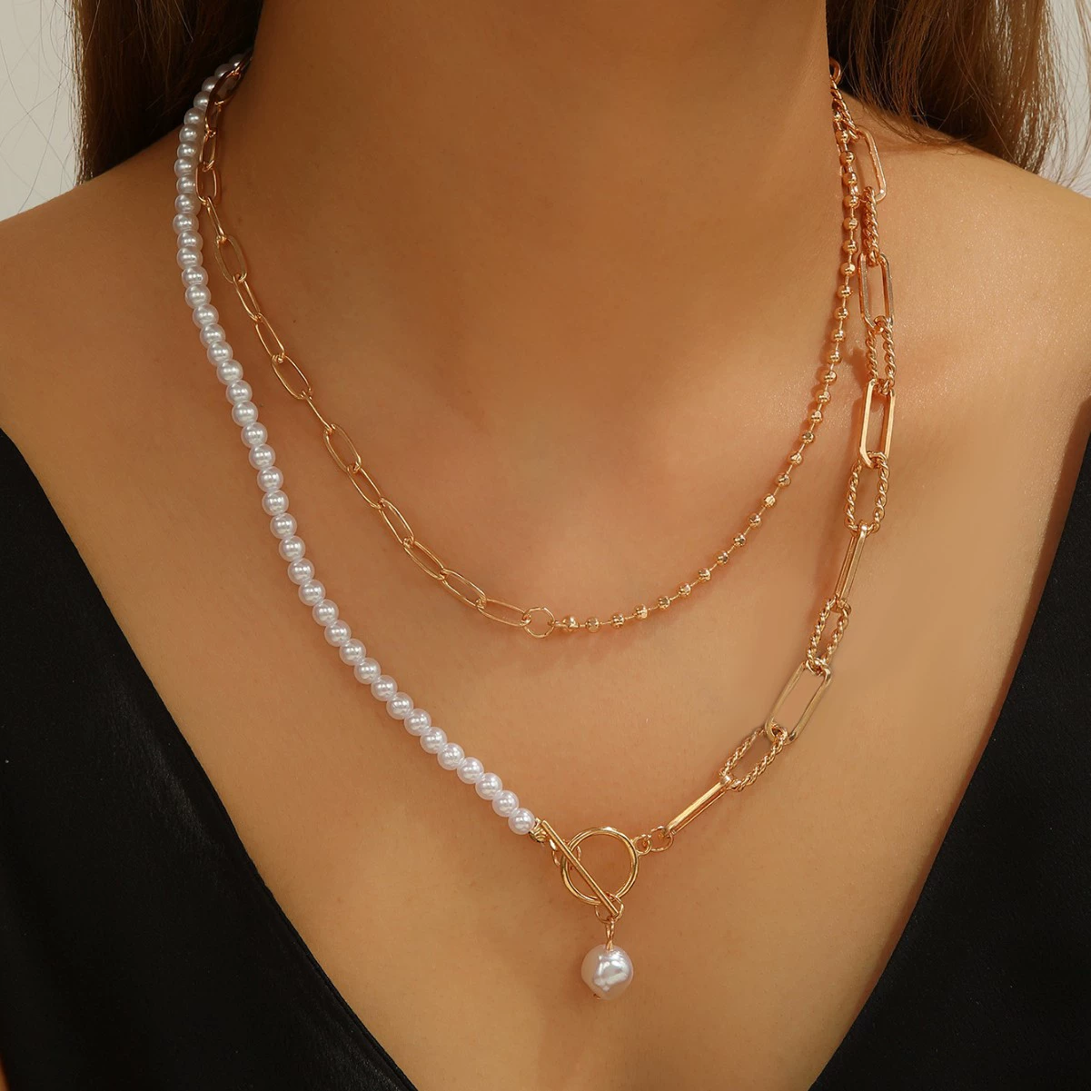 Европейские и американские трансграничные ювелирные изделия, скрепка для бумаги, многослойная цепочка на ключицу, имитация жемчуга в стиле барокко, подвеска OT, модное ожерелье с пряжкой