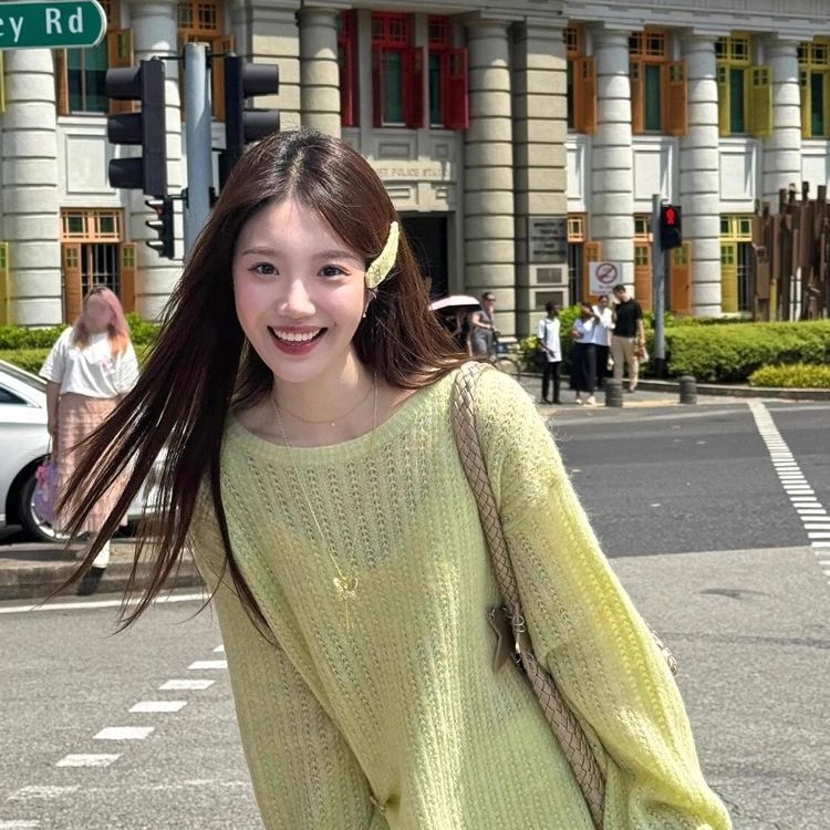 浅绿色镂空钩花长袖针织衫女2025年春季新款宽松薄款防晒罩衫上衣