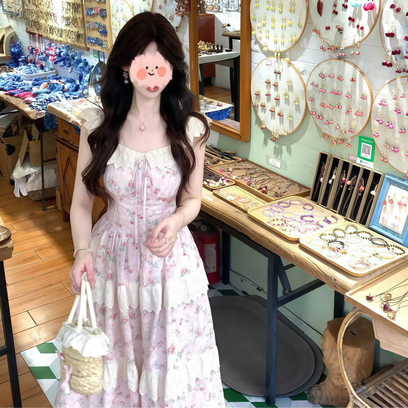 フレンチスイートウエストかわいい小さなフライングスリーブレースケーキスカート女性の夏の新しいホリデースタイルドレスロングスカート|undefined