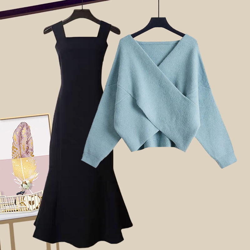 (2개) 가을 세트 여성 2024 새로운 플러스 사이즈 여성 한국 슬림 크로스 스웨터 스트랩 피쉬 테일 스커트 투피스 패션
