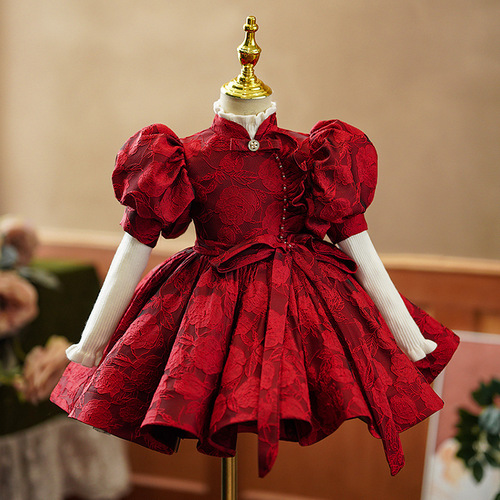 GIRL'S FIRST BIRTHDAY DRESS MODERN PRINCESS SKIRT RED CHINESE STYLE flower child children host performance costume
