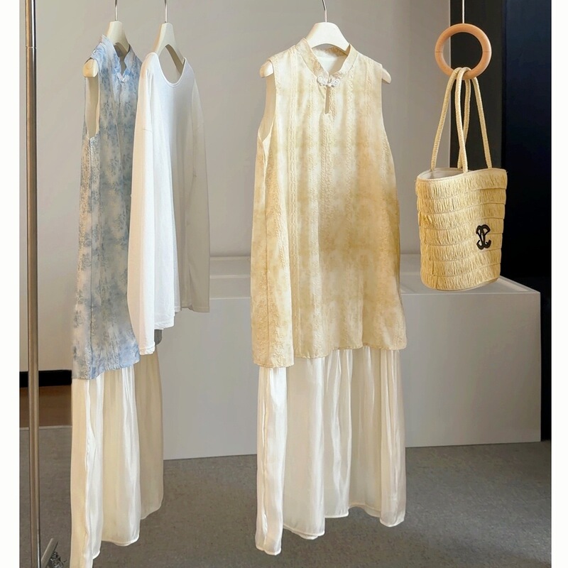 New Chinese-style high-end jacquard stand-collar sleeveless dress for women, summer new fashion faux two-piece patchwork dress New Chinese-style high-end jacquard stand-collar sleeveless dress for women, summer new fashion faux two-piece patchwork dress