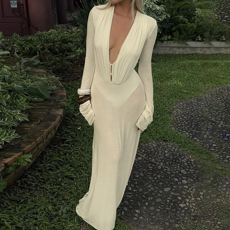 2026 Spring and Autumn Sexy Solid Color Deep V-Neck Buttoned Slim High Waist Long Sleeve Dress Women's Spring Dress Hot Words