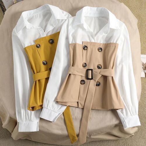 MG Elephant New Short Figure Patchwork POLO Collar Irregular Hem Belted Waist Long Sleeve Shirt