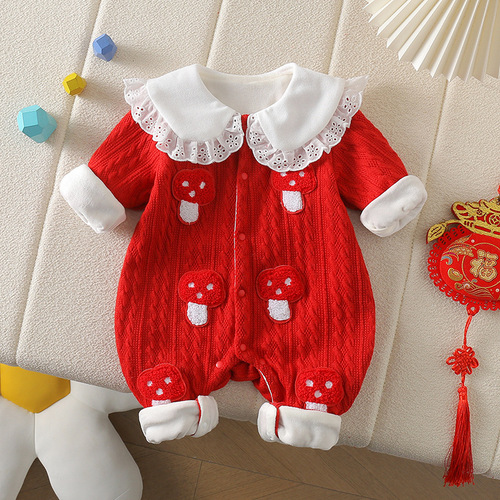 Winter baby lace collar with front open button, newborn climbing clothes, mushroom double-layer jumpsuit