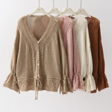 喇叭袖纯色手工钩花秋冬镂空法式宽松慵懒抽绳V领针织开衫毛衣女