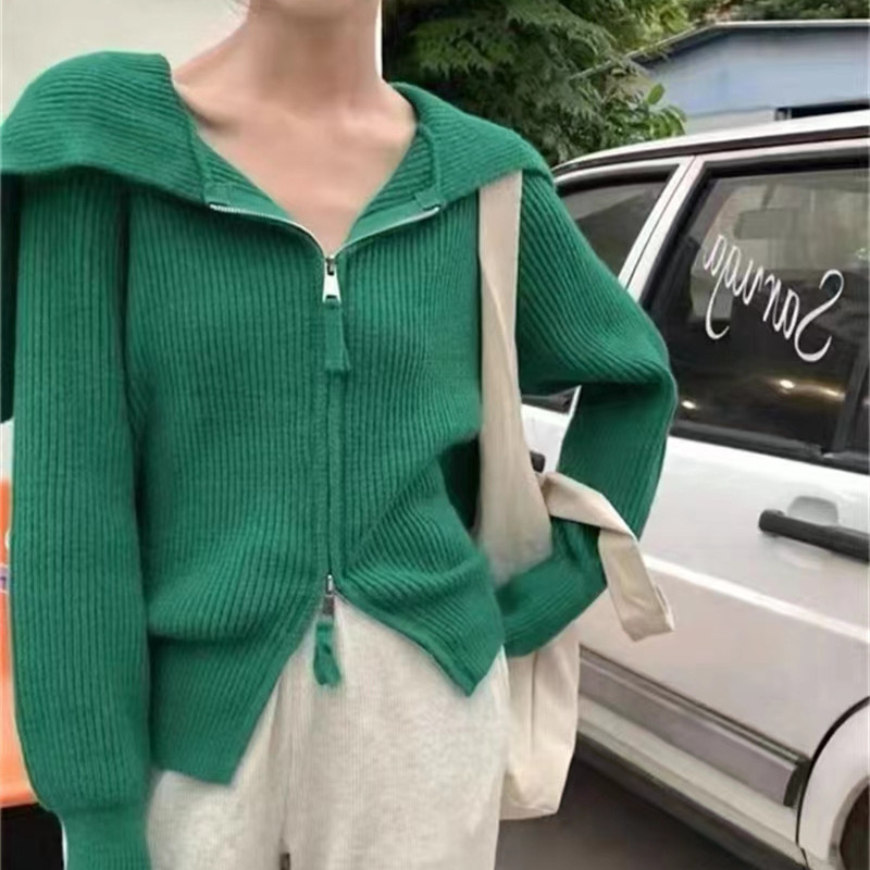 デザイン感のあるジッパーのカーディガンのセーターのコートの女性の秋冬の優しい風のニットのchiの外は底のシャツの上着を着ます。|undefined