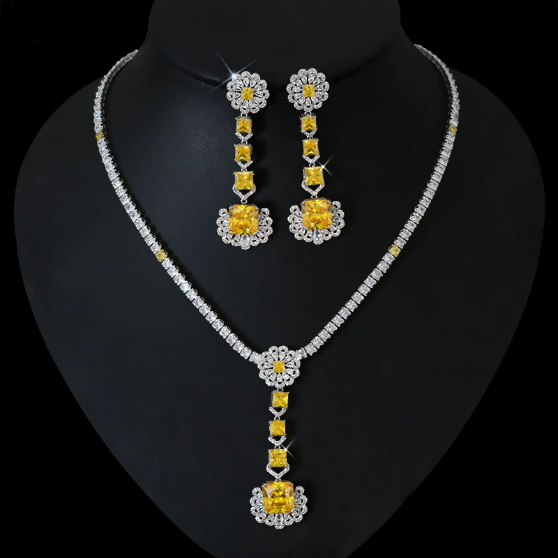 High-end zirconium, pendant, necklace and earrings, set for bride, wedding dress, accessory, light luxury style
