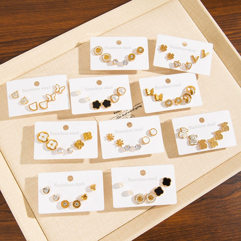 [Титановая сталь] Свежий набор серьги из нержавеющей стали простой звезды любви цветочные серьги с позолоченным титановым стальным серьгами