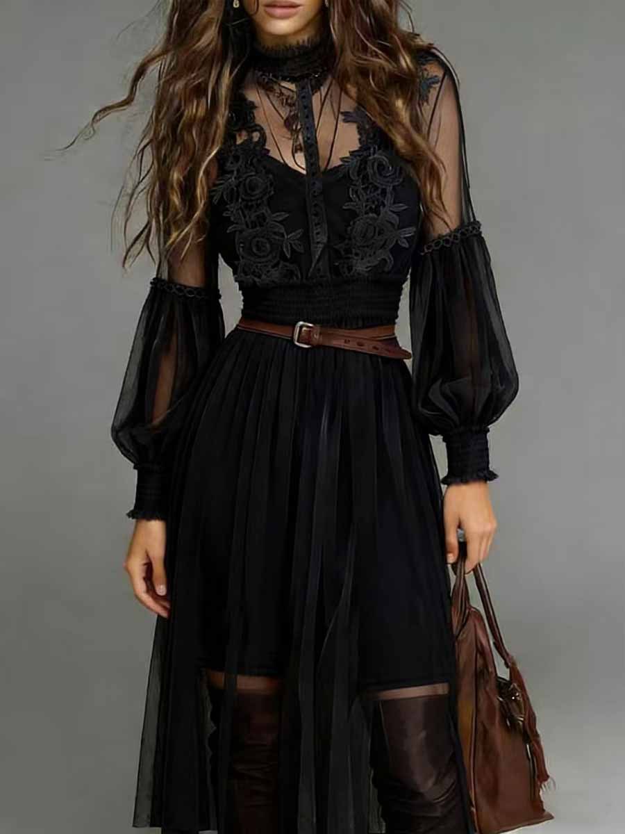 2026 European And American Cross-border Independent Site Western Resort Sheer Lantern Sleeve Lace Appliqué Mesh_ecoleips.com