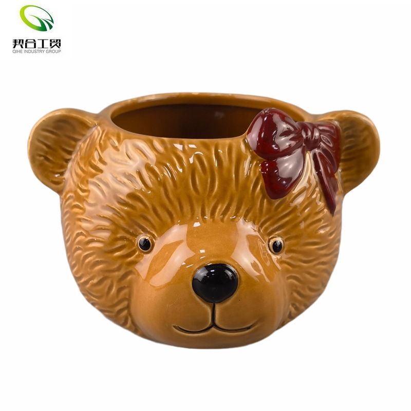 Transfronterizos bonitos macetas de cerámica de dibujos animados osos macetas de escritorio creativas animales verdes macetas decorativas macetas para el hogar