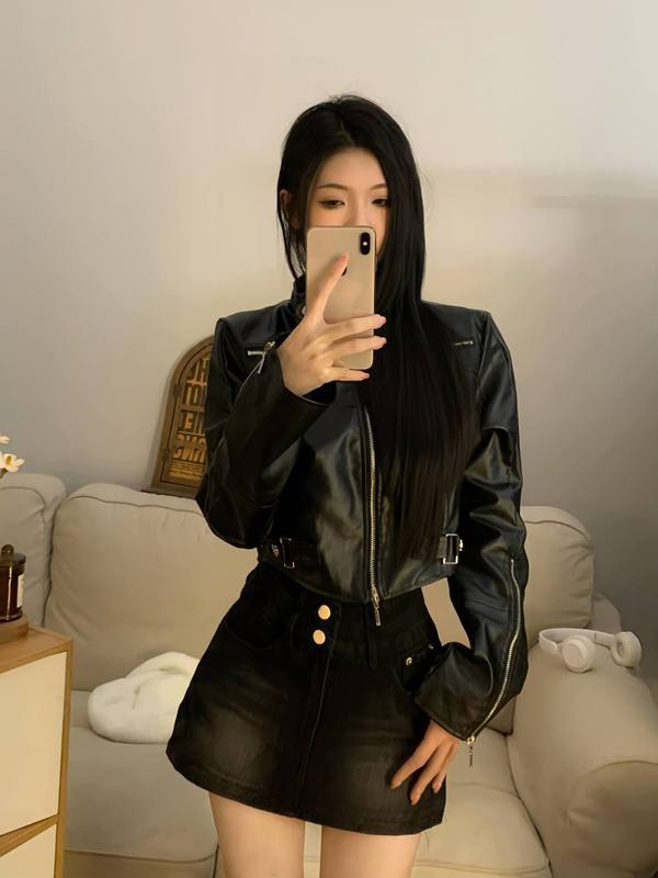 美式复古辣妹风黑色复古机车夹克上衣2025秋季新款修身皮衣外套女|undefined