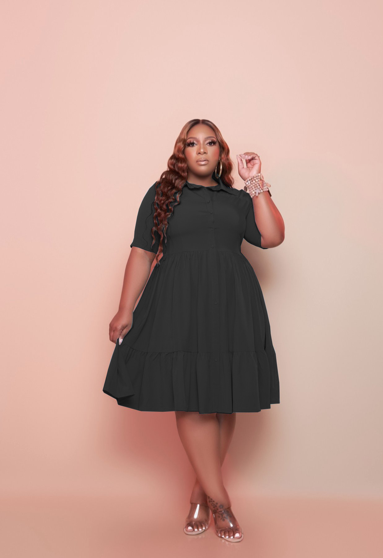 Plus Size Stitching Pleated Buttons Dress NSSJW96956