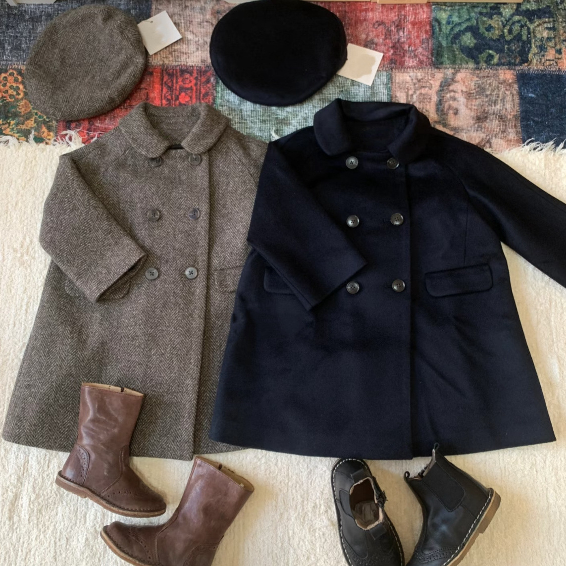 （现货）经典儿童双排扣羊毛大衣外套长裤连衣裙