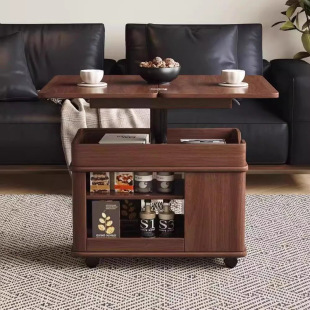 Living Room Walnut Lift Folding Mobile Coffee Table Solid Wood Coffee Table Multi-Functional Household Small Apartment Sofa Trolley