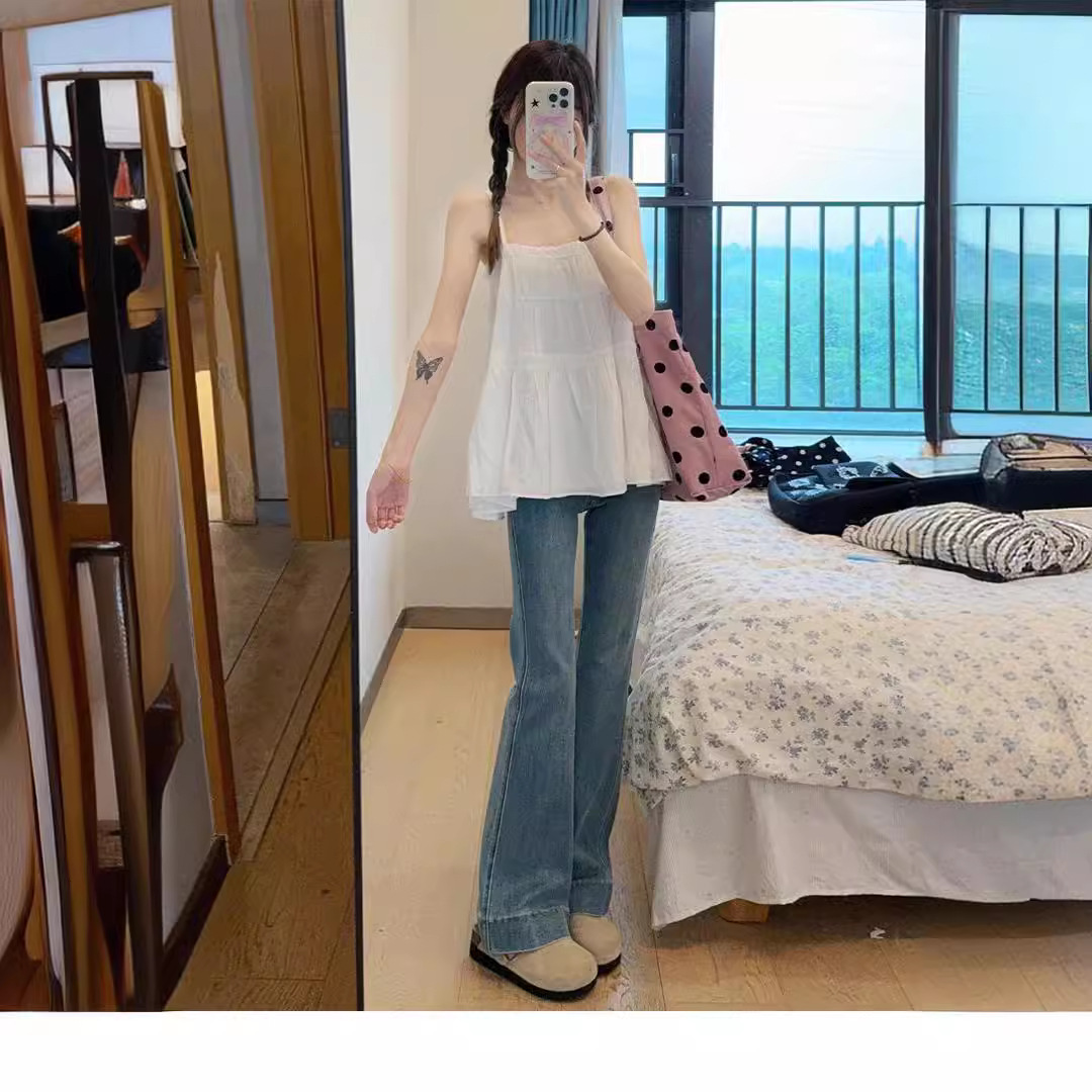 세탁 블루 높은 허리 캐주얼 바지 패션 올 매치 마이크로 핏 느슨한 청바지 스트레이트 레그 와이드 레그 팬츠 7050