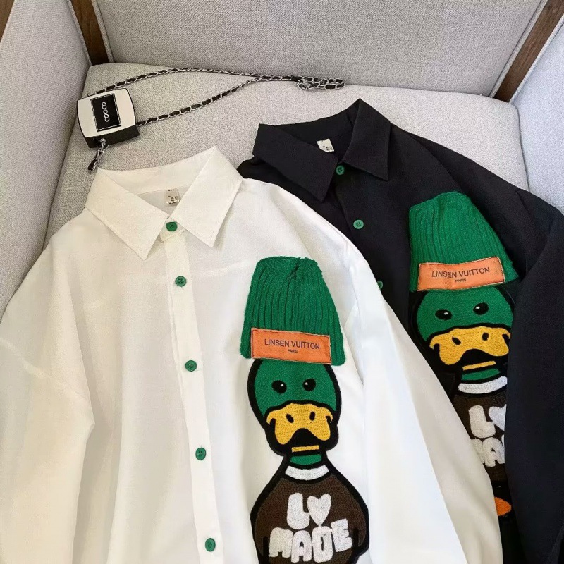 Embroidered duck loose long-sleeved shirt men's design sense niche shirt ins fashion brand retro literary style coat