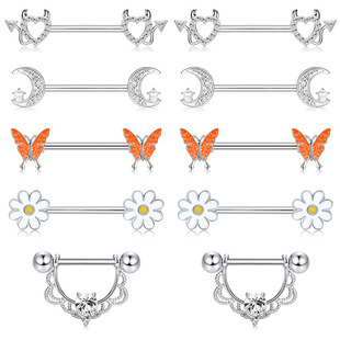 10-Piece Set of Stainless Steel Nipple Rings with Full Diamond Balls, Sexy Oil Drop Butterfly Nipple Studs, Women's Chest Piercing Jewelry