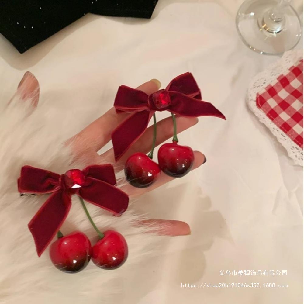 秋冬氛围感樱桃红色蝴蝶结丝绒发夹头饰女后脑勺半扎发夹子发饰潮
