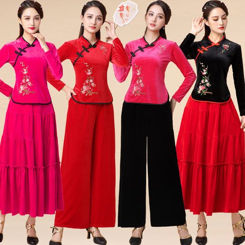 Square dance clothing new set  autumn winter velvet dance performance dress for women fan dance dancing clothes