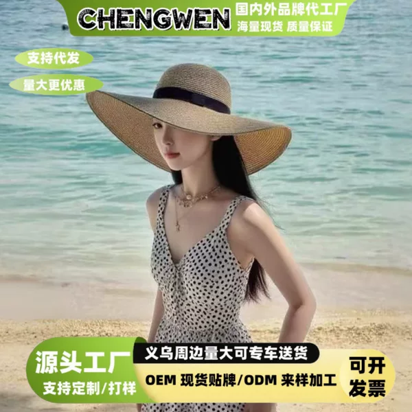 Straw Hat Summer Women's Sun Protection Seaside Beach Vacation Straw Sun Hat Casual Simple Versatile Large Brim Sun Hat