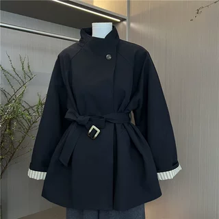 纯色系带短款风衣女秋季2026新款收腰宽松韩系廓形高级爆款外套