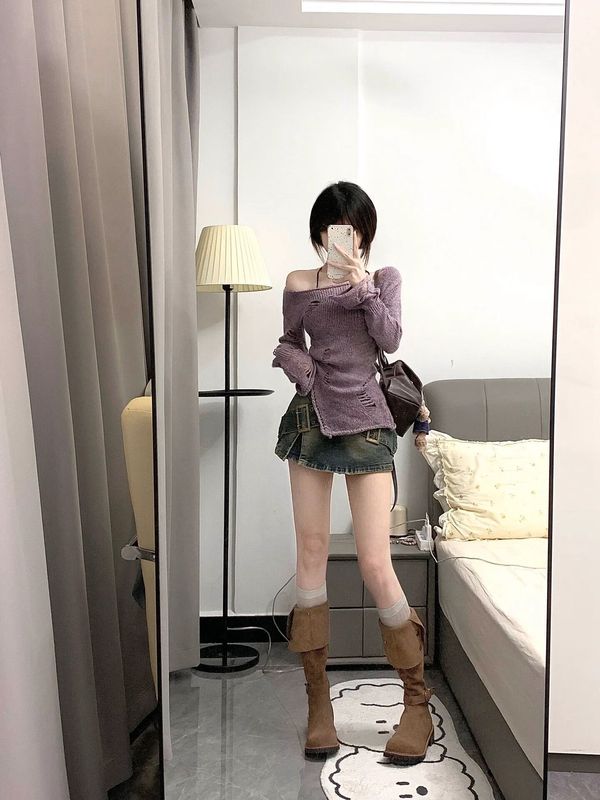 镂空针织衫紫色上衣女2025早秋新款罩衫不规则一字肩内搭打底衫潮|undefined
