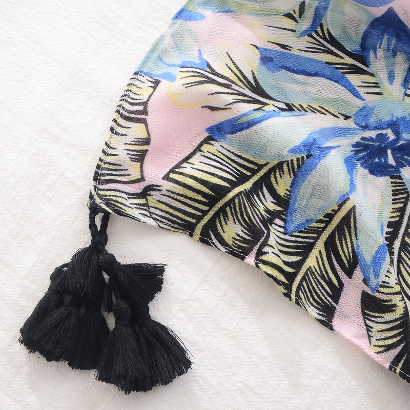 Bufanda de Primavera Verano protector solar chal largo bufanda de seda delgada hojas flores mariposa impresa algodón y lino sensación bufanda