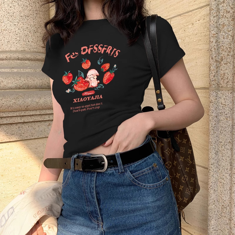 アメリカンレトロショルダー漫画イチゴバニー半袖Tシャツレディース夏の新しい甘いホットガールカジュアル多用途トップ|undefined