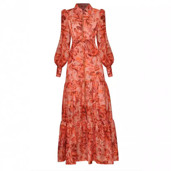 2024 Australian Niche Same Style Lap Collar Long Sleeve Shirt Printed Slim Fit Waisted Ruffled Dress