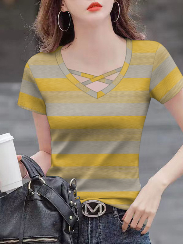 卸売 2025 新しい夏のホットスタイルの女性の T シャツ痩身お腹カバー V ネックファッション半袖ドロップシッピング|undefined