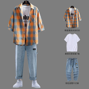 Plaid Shirt Men's Short-Sleeved Summer Suit Men's Suit with Handsome 2024 New Trendy Men's Clothes