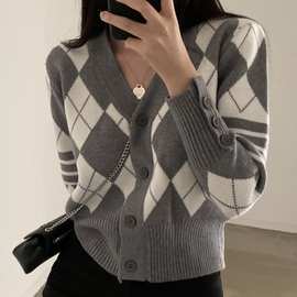 韩国chic秋季新款复古菱形撞色V领毛衣外套女气质显瘦针织开衫