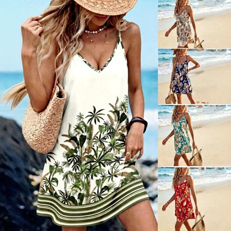 Foreign Trade Specializes in Cross-Border Women's Clothing: Bohemian V-Neck Sexy Vacation Floral Print Strap Beach Dress Foreign Trade Specializes in Cross-Border Women's Clothing: Bohemian V-Neck Sexy Vacation Floral Print Strap Beach Dress