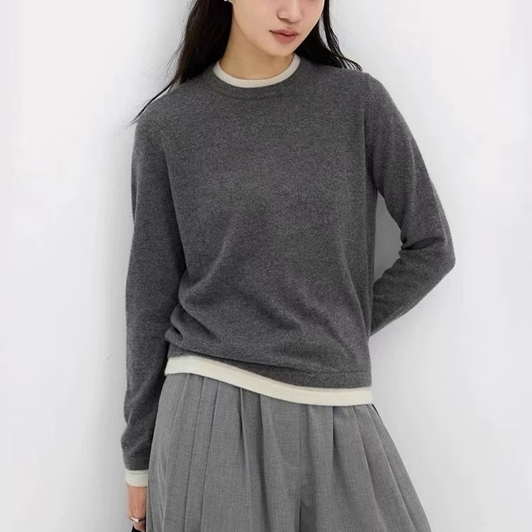 色の偽の2つの丸首のカシミヤのニットの底のシャツの女性の秋冬の怠惰な高級感の灰色のセーターの中で上着を掛けます。