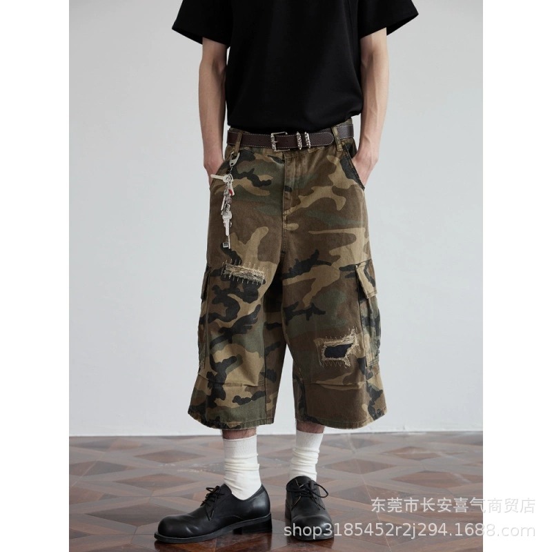 Men's Camouflage Cropped Pants over the Knee, Wide-Leg Trendy Brand Jeans, Summer Korean Style Loose Sports Casual Mid-Length Pants