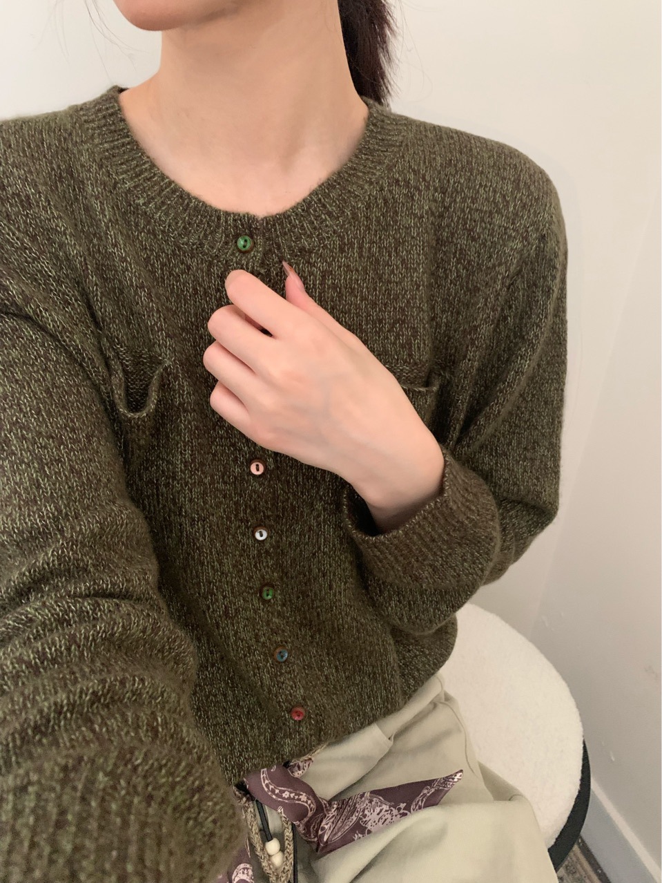 濮院天丝羊绒羊毛针织羊毛衫女秋冬混纱开衫长袖白色扣子毛衣女