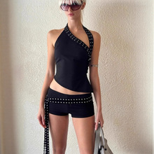 2025欧美夏季跨境新款铆钉设计小众斜肩修身上衣潮流短裤套装女装