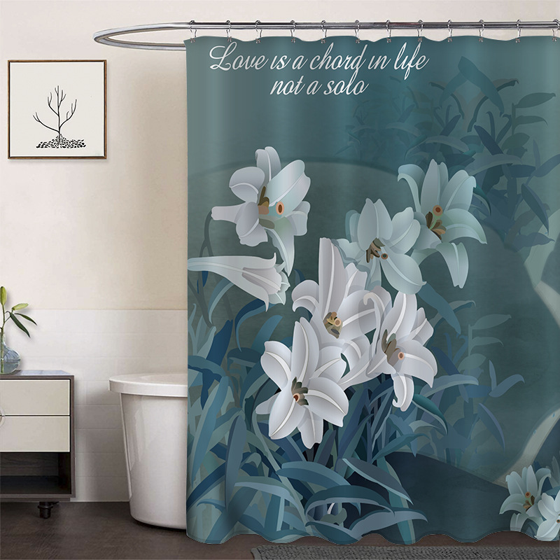 Cortina de ducha de poliéster impresa con hebilla de cortina de ducha de plástico baño cuarto de baño cortina de partición impermeable a prueba de moho