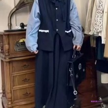 日系软妹森系简约马甲女学生秋复古半身裙休闲衬衫套装