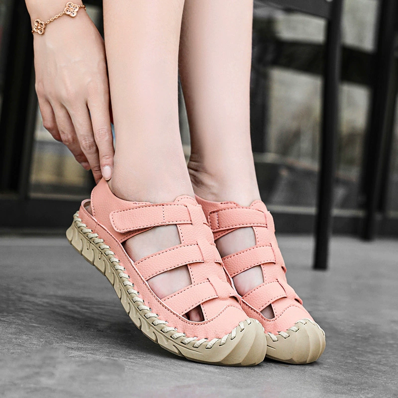Женские летние сандалии для верхней одежды, нескользящие женские сандалии с носком на липучке, сшитые вручную, пляжная обувь для женщин
