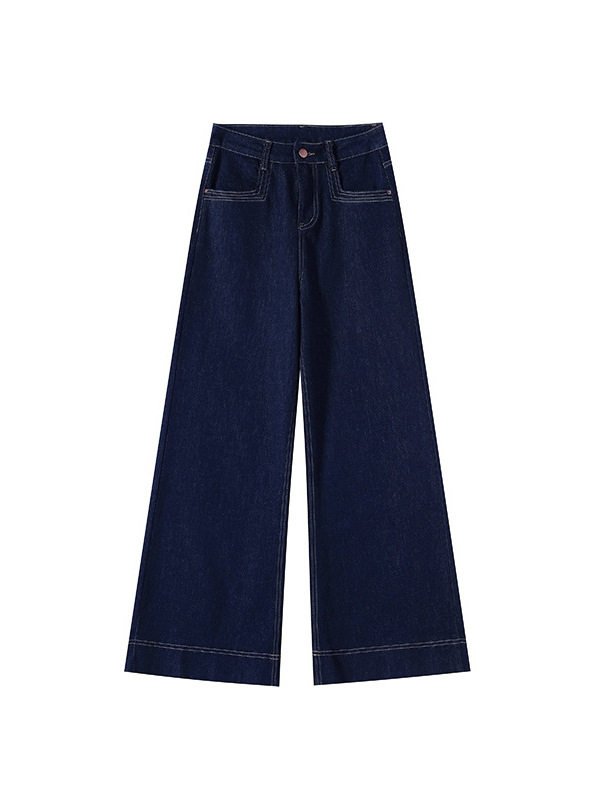 Quần jean ống rộng cạp cao màu xanh denim lót lông cừu, form suông thoải mái — Quần chín điểm màu đen, Quần denim chín điểm màu xanh, Quần denim xanh dài, Quần denim đơn màu xanh